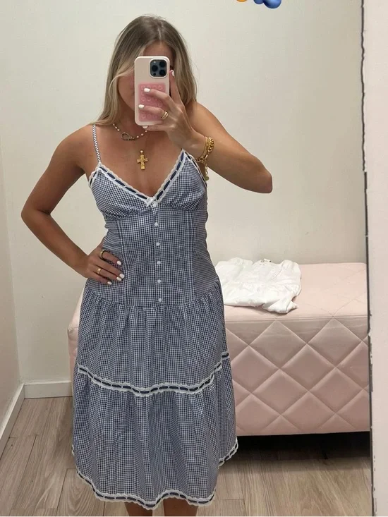 Frankie’s Bikinis Indiana Blue Gingham Button-Front Sundress with Lace Trim - Picture 2 of 5